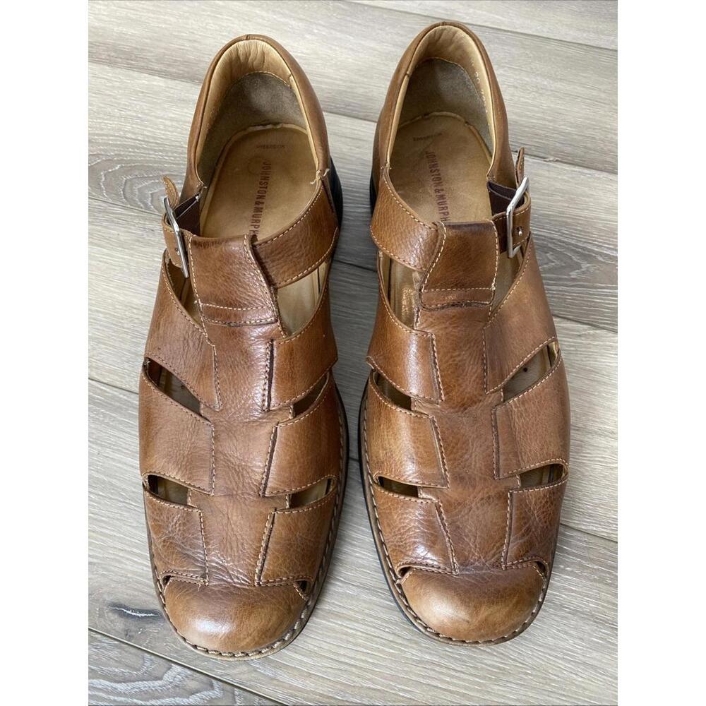 JOHNSTON & MURPHY Fisherman Sheepskin Sandals Tan Brown Sz 12M 7234 Great Cond